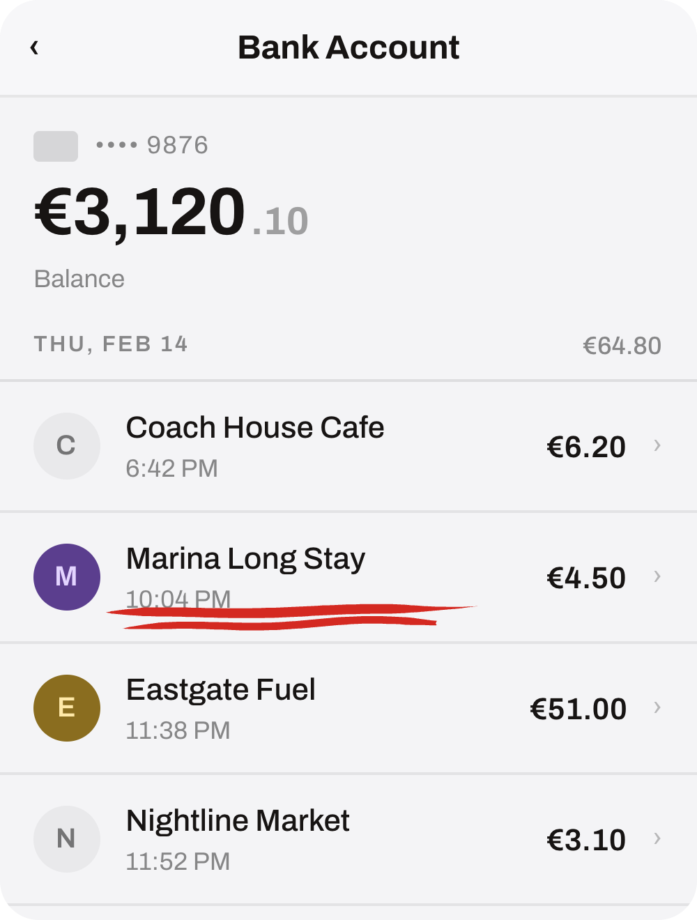 A bank account showing marina parking